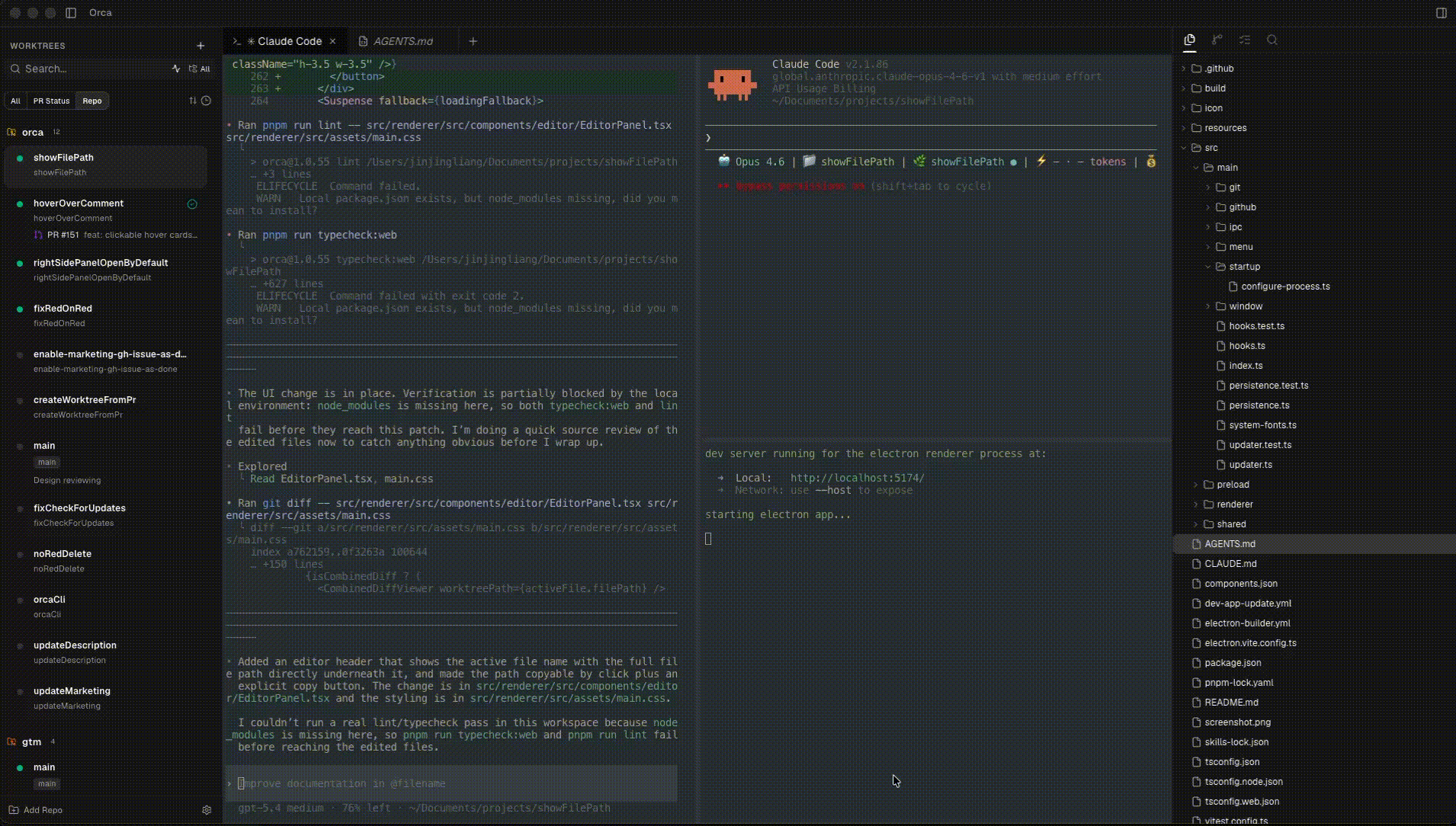 Orca worktree IDE — Claude Code, Codex, and OpenCode running in parallel across isolated git worktrees with Ghostty-inspired terminal